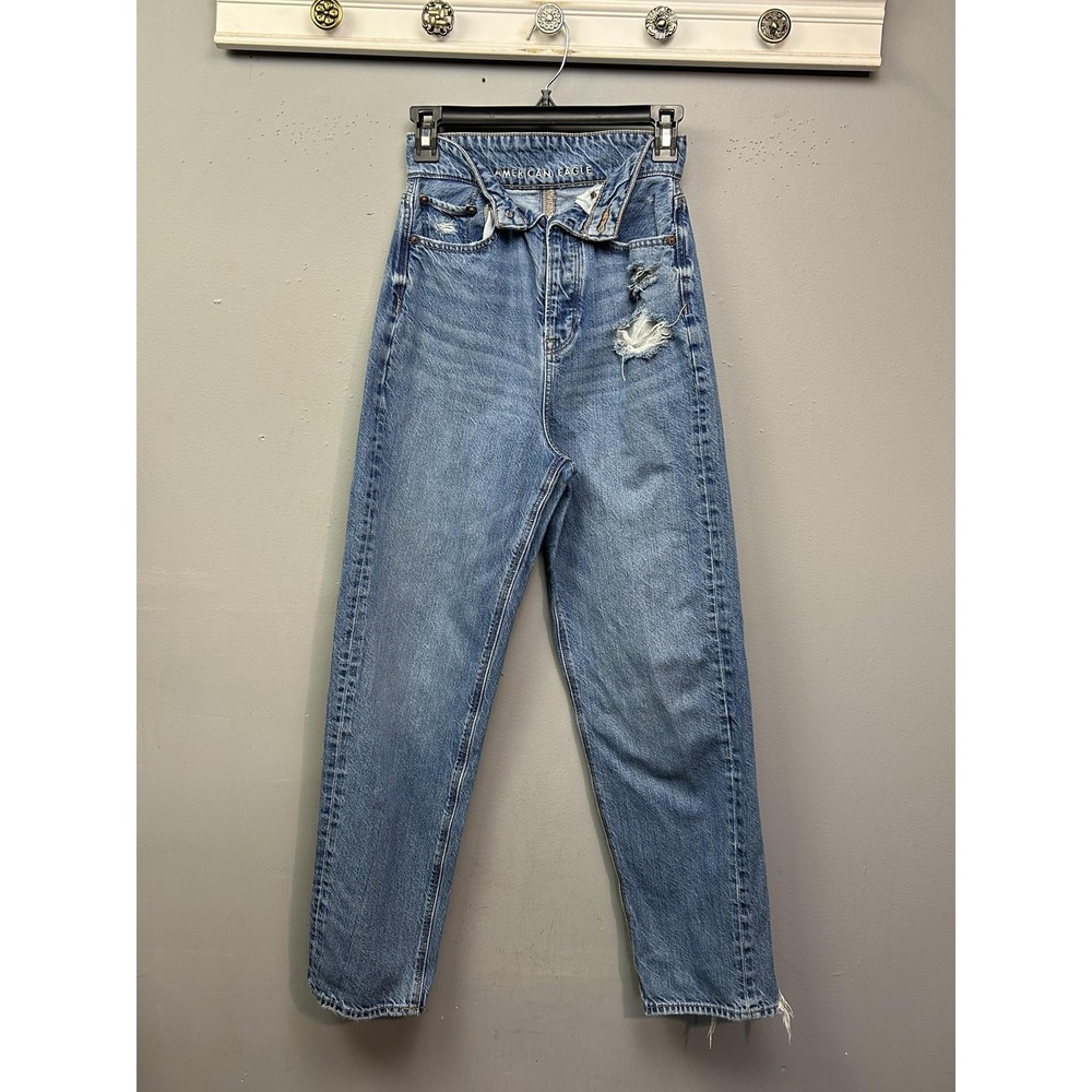 American Eagle‎ Jeans Womens 0 Short Blue High Rise Mom Distressed Raw Hem Denim